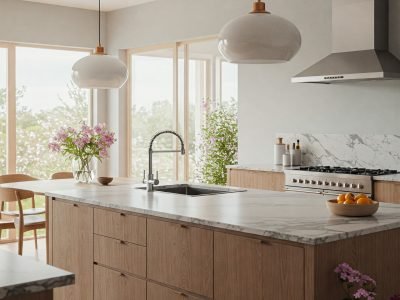 Japandi Kitchen interior with oak cabinets in natural light